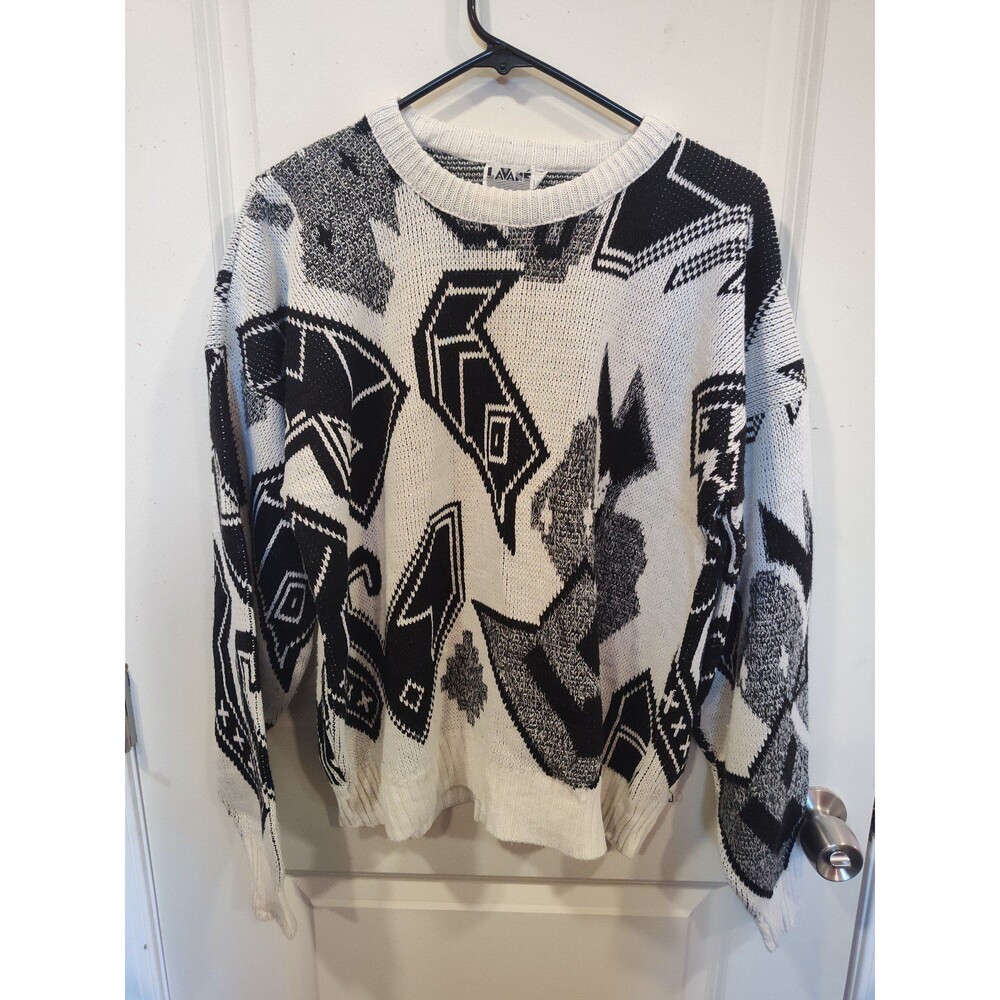 Men's Lavane New York Geometric Crewneck Sweater Black White Medium
